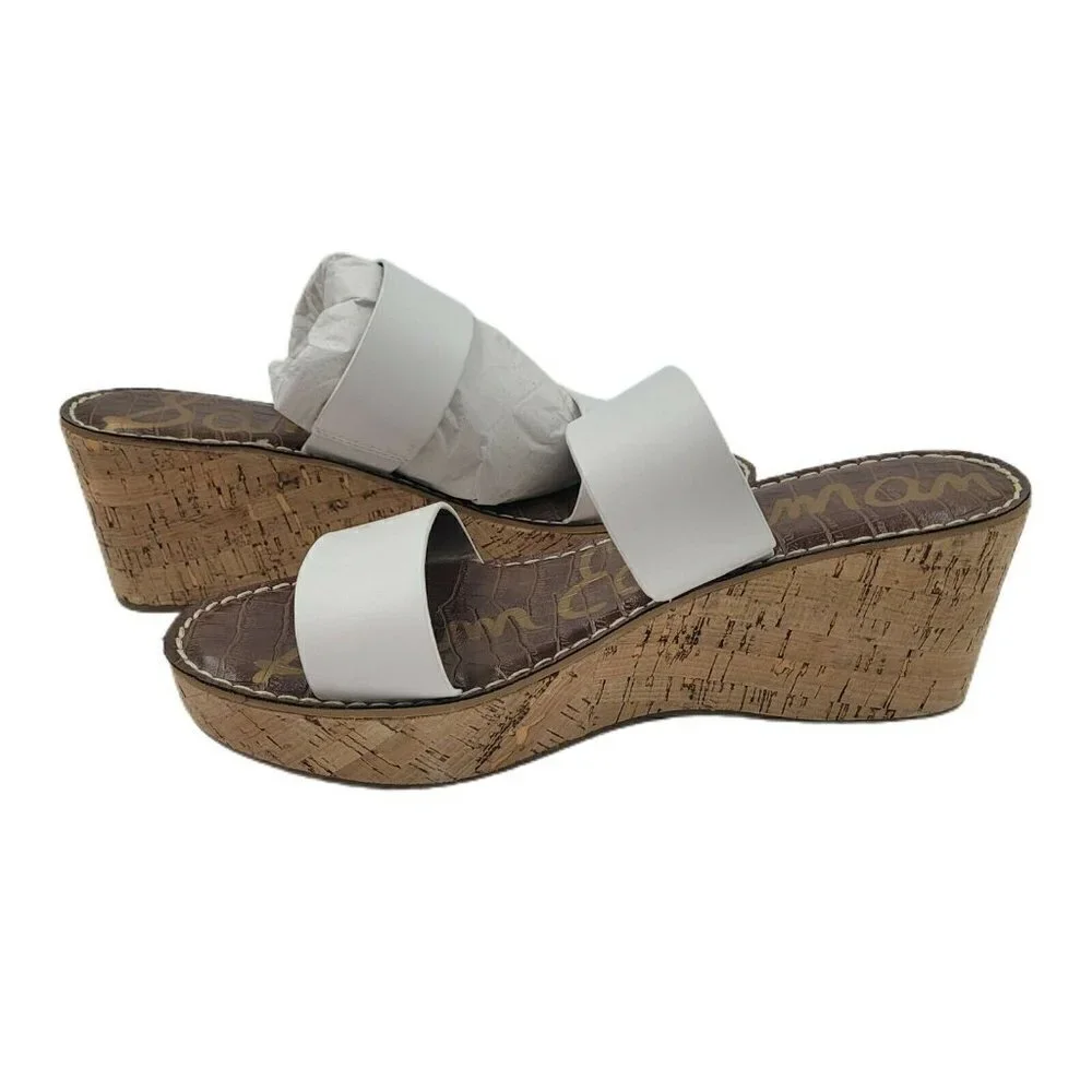 Sam Edelman Rydell Cork-Wedge Leather Open Toe Sandals in White Size 10.5M NEW